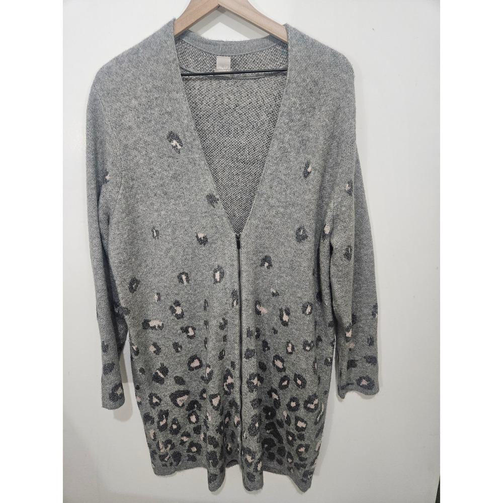 Chico's Leopard Long Cardigan L 2 Gray Metallic Sparkle Full Zip Animal Print